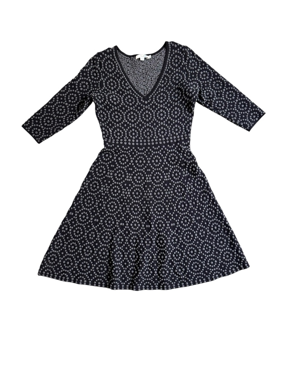 Boden Annabel Black and Gray Fit and Flare Three Quarter Sleeve Dress